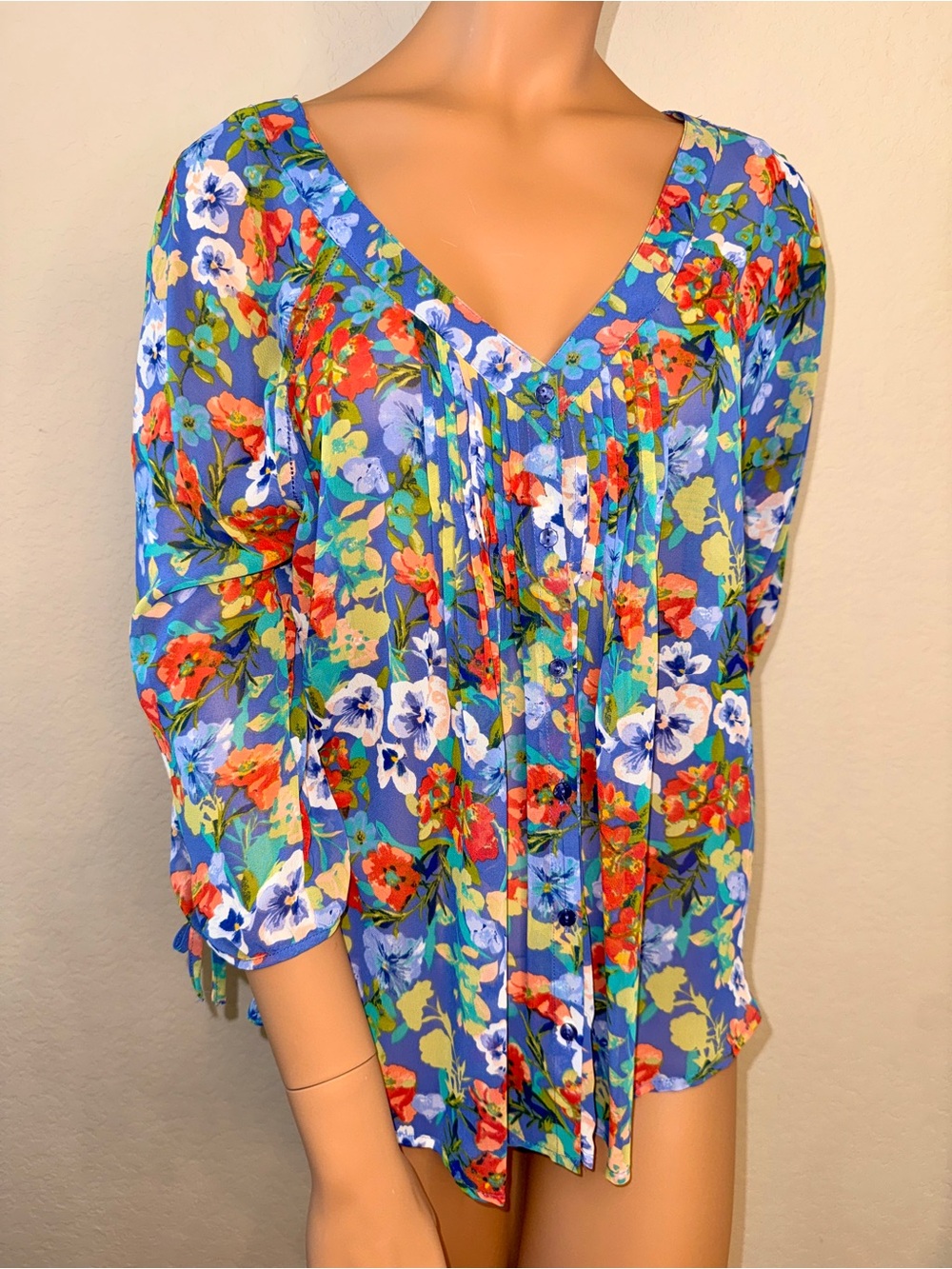 LC Lauren Conrad Sheer Blue Floral Peasant Blouse Pleated Tie Sleeve Boho L